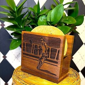 Cork Coaster Set with Etched Tennis Design – 6 Coasters in Walnut Holder